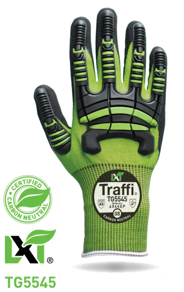 Traffi® TG5545 LXT® Carbon Neutral Micro-Dex Nitrile Coated 15-gauge seamless knit impact-resistant A5 cut safety work gloves with touchscreen function